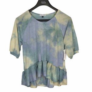 Thyme+Honey Tie Dye Peplum Top Blue Yellow Short Sleeve Knit Stretch Size Medium